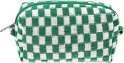 Checkered Makeup Bag - Large Capacity Knitted Cosmetic Pouch for Travel, Green