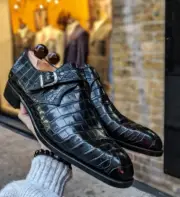 Classic Black Crocodile/Alligator Leather Single Monk Strap Dress Shoes Handmade