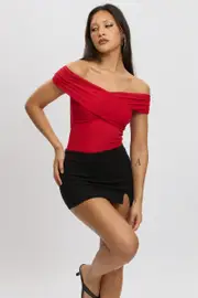 Red Off Shoulder Bodysuit Mesh - Size 16XL, Women's Bodysuit