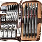 Nicpro 20PCS Black Metal Mechanical Pencil Set in Leather Case, Drafting Pencil 0.3, 0.5, 0.7, 0.9 mm & 2mm Lead Holders, 9 Tube (4B 2B HB 2H Colors) Lead Refills, Erasers For Art Sketching Drawing