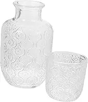 HEATSHAKING Elegant Embossed Glass Carafe Set with Dual Function Lid Tumbler Water Cooler Jug Drink Bottle for Bedroom Bathroom Stylish Sunflower Design for Personal Use