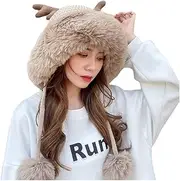 EOFLW Christmas Hat Christmas Hat Knitted Hat Plus Velvet Thick Warm Ear Protection Wool Hat (Color : Khaki, Size : 56-58cm)