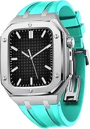 [RAYESS] Men Rugged Protective Case Drop Proof Metal Bumper with Strap for Apple Watch 45mm 44mm, for Apple Watch 7/6/5/4 SE Series Silicone Band Luxury Band Case (Color : Silver Lake Blue, Size : 44M