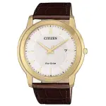 CITIZEN 星辰 AW1212-10A 簡約三針時尚皮帶腕錶 /金框白面 42MM