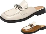 [ETORYOOX] Women's Leather Colorblock Metal Chain Flat Mules,Fashion Handmade Closed Square Toe Anti Slip Moccasins,Casual Comfortable Dressy Slip-On Backless Loafers