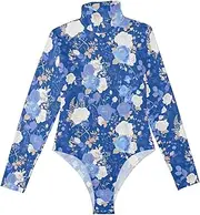 [Amooorous] Blue and White Romantic Valentine's Day Flowers long sleeve Work Bodysuits for Women Shapewear Tops for Women Sexy Tops for Women High-Neck M, Blue and White Romantic Valentine's Day Flowers