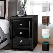 ALFORDSON Glass Mirrored Bedside Table, 3 Drawers, Crystal Handles, 40 x 40 x 58cm, Sofa Side Table Nightstand Home Furniture Cabinet Chests for Hallway, Bedroom＆Living Room (Chyna Black)