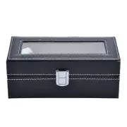 Mens Watch Case Small 4 Watch Box Black Leather Display Glass Top Jewelry Cas...