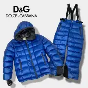 Dolce Gabbana Kids Down Ski Suit Snowsuit Jacket Pants Set, Blue, Size 9/10