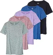 [Real Essentials] 5 Pack: Women's Short Sleeve Crew Relaxed Active T-Shirt Dry-Fit Yoga Top with Split Hem (Available in Plus)