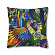 Polyester Square Pillowcase Vibrant Art Deco Woman-Bird Print Retro Home Decor