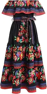 [ABEWIP] Mexican Dress for Girls Mexican Traditional Folk Floral Print Drape Dress with Flounce Belt Cinco De Mayo Fiesta, Black, 5-6 Years