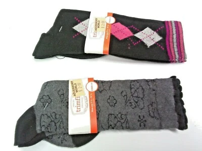 Girls Trimfit Black Pink Diamond Argyle & Grey Floral Knee High Socks Size 6-9.5