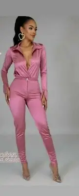 womens LARGE two piece rose pink satin pants/ body suit set. Dressy casual.