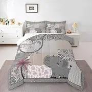 Cute Animals Comforter Set Queen Size Summer Tropical Bedding Set for Kids Boys Girls Bedroom Decoration Elephant Koala Bed Duvet Insert Stripe Grid Comforter with 2 Pillowcase