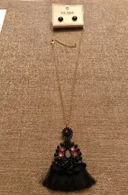 Black thread exotic beaded pendant necklace with Earrings by La Mia NY