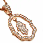 925 Sterling Silver Rose Gold-Tone Clear CZ Hamsa Pendant Necklace