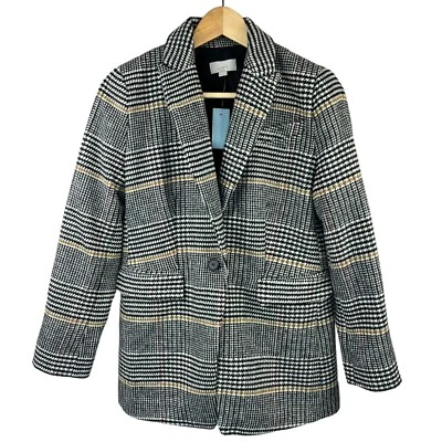 Loft Women's Black White Houndstooth Blazer Jacket Sz 6p Wool Blend Coat