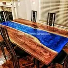 Resin Blue River Dining Table Fashion Resin Acacia Wooden Design Handmade Tables