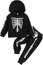 [LouVasabuce] Kid Boy Girl Halloween Outfit Pumpkin/Skeleton Print Long Sleeve Hood Pullover Sweatshirt +Long Pants 2Pcs