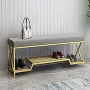Velvet Upholstered Shoe Rack Bench Shoe Organizer - Luxurious Pink Shoe Bench with Golden Shoe Shelf, Modern Entryway Bench Shoe Storage Seat