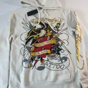 Ed Hardy Pierced Heart Pull Over Hoodie Mens Size Small White Tattoo Sweater NEW