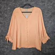 CHICOS Top Womens XXL Nectarine Orange Button Up Flowy Tie Sleeve New