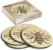 4 x Round Coasters - Manchester Bee Mosaic Pattern Cork Backed MDF Glossy Tea Coffee Accessory #51408
