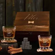 Personalised Set of 2 Rock Mountain Whiskey Glasses & 6 Ice Stones in Wooden Gif
