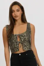 Brown Animal Print Tie Front Top Sleeveless - Size 14L, Women's Jacket