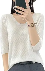 [HEYDHSDC] Women Short Sleeve Cashmere Knitted Sweaters Wool Spring Summer V-Neck Top Pullover Knitwear T-Shirt
