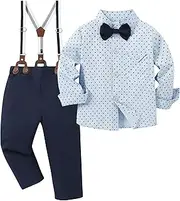[CARETOO] Toddler Boy Clothes Suit 4Pcs Formal Dress Shirt+Bowtie+Suspender Pants Gentleman Wedding Outfit Set 12M-5T