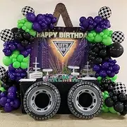 EASUTE Monster Truck Theme Balloon Garland Kit with Black Green Dark Purple Balloon Large Wheel Balloon for Monster Jam Theme Birthday Party Baby Shower Decorations (Black Green Purple)