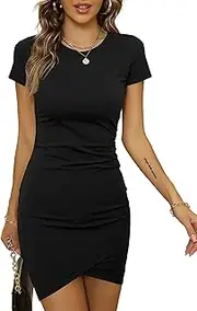 [Laughido] Women's Bodycon Dress Short Tight Wrap Dress Short Sleeve Summer Dress Mini T-Shirt Dress