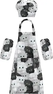 AIXIWAWA Kids Apron Chef Hat Set, Child Kitchen Bib Aprons Adjustable for Cooking Baking Painting (Cute Fluffy Cat)