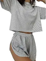 [Generic] Sereluxe Side Split Short Pajama Set, Sereluxe Pajama Set, Drop Shoulder Tee Two Piece Striped Soft Pajamas for Women