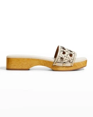 NWT Tory Burch Basket Weave Clog Womens Leather Healed Black Cream Tan Sandals