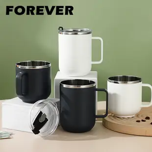 【日本FOREVER】304不鏽鋼雙層保溫馬克杯/茶杯420ml-黑色(附蓋)2入