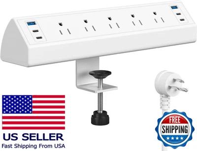 Clamp-On Power Strip USB-C Fast Charging Station, 4 USB Ports, 5 AC Outlets, 6ft