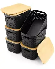 Storage Bins with Bamboo Lids 6 Pack Lidded Storage Container Plastic Baskets...