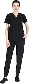 [Organix - Sustainable Health supplies] Organix Women Scrub Set, Tops & Jogger for Women — Slim Fit, 3 Pocket-Top & 8 Pocket-Jogger Pant, Four-Way Stretch, Anti-Wrinkle Women Medical Scrub Set - Black (XXX-Large)