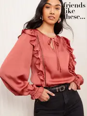 Friends Like These Pink Long Sleeve Ruffle Trim Tie Front Blouse (AT2573) | $81