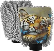 XYMZR Absorbent Microfiber Car Wash Mitt Big Cat Sunflower, Funny Cute Anime Scratch Free for Cars Cleaning, Home Cleaning Mitts, 2 Pack, 10.24” L x 7.09” W