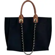 Nevenka Women Canvas Satchel Commute Simple Totebag With Chain-Black