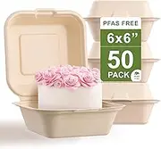 [50 COUNT]Harvest Pack PFAS FREE 6 X 6" Compostable Square Hinged Container, Single Compartment Clamshell Takeout Box, Heavy-Duty Bagasse Food Container, Made from Eco-Friendly Plant Fibers