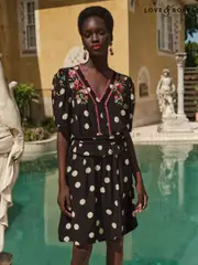 Love & Roses Black Spot Embroidered V-Neck Peplum Mini Dress (F02247) | $143