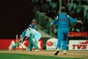 Sachin Tendulkar batting for India is out for 91 runs stumped- Old Cricket Photo