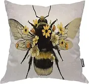 Moslion Bee Decorative Pillow Covers 16x16 Inch Animal Insect Bug Bee with Wings Yellow Flower Throw Pillow Case Cotton Linen Canvas Square Cushion Accent Pillow for Sofa Bed