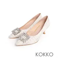在飛比找Yahoo奇摩購物中心優惠-KOKKO高級小香風方形鑲鑽飾釦毛呢高跟鞋米色