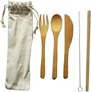 MTSDM 6 Pcs Bamboo Cutlery Set, Include Reusable Knife, Fork, Spoon, Straw Eco, Storage Bag, Brush, Cooking Utensils Heat Resistant Kitchen Portable Eco-Friendly Tableware for Office, Picnic, Camping